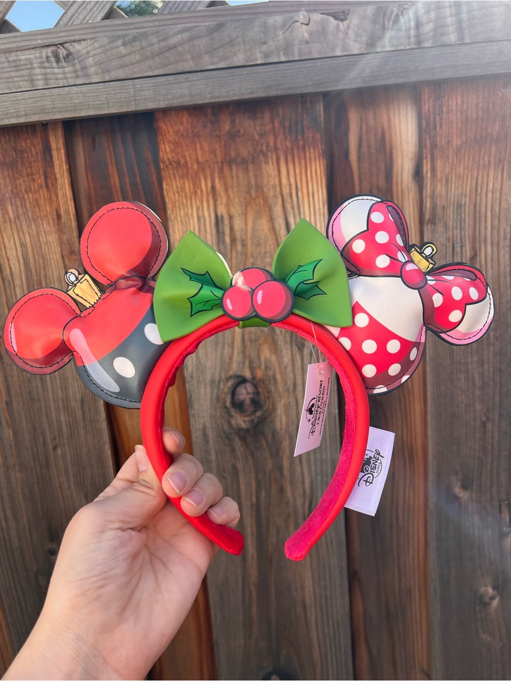 Disney Red Minnie Mouse Holiday Ears Headband with Green Bow
